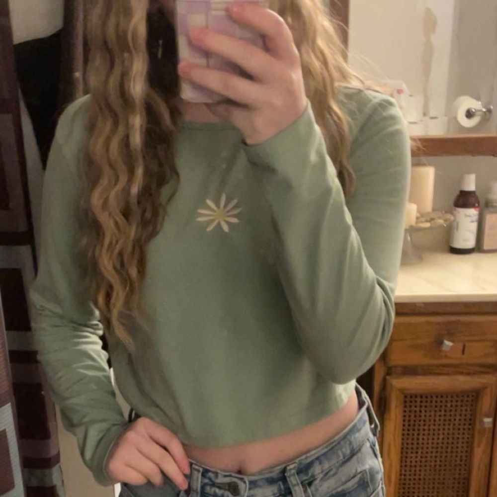 SHEIN Mint Green Crop Top with Daisy Embroidery